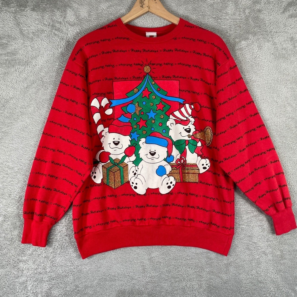 Vintage‎ Holiday Time Christmas Sweatshirt Womens Small Red Polar Bear Graphic